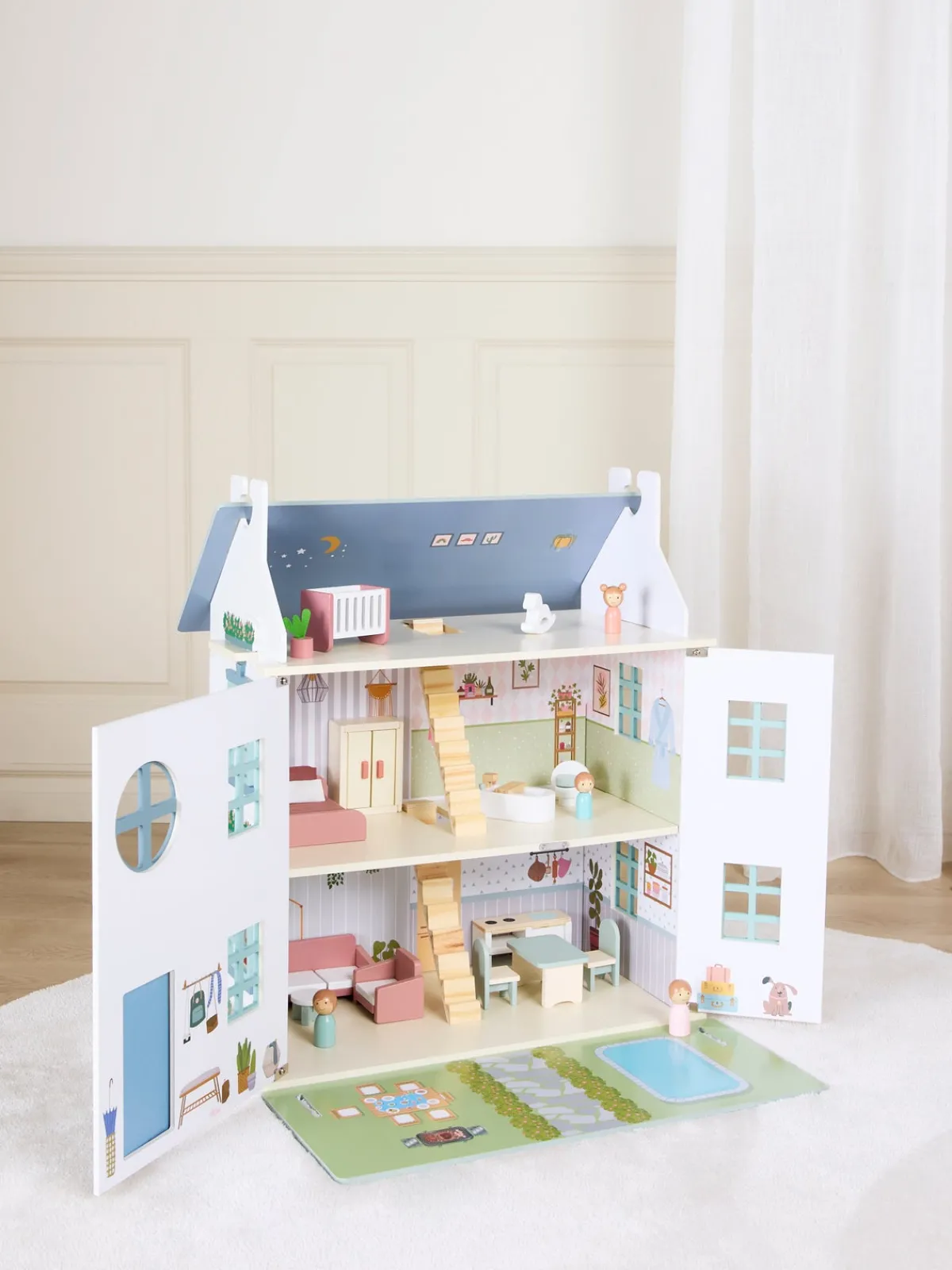 AliceFox Dukker & Bamser>Alice & Fox Dukkehus med Møbler & 4 Dukker, Blå