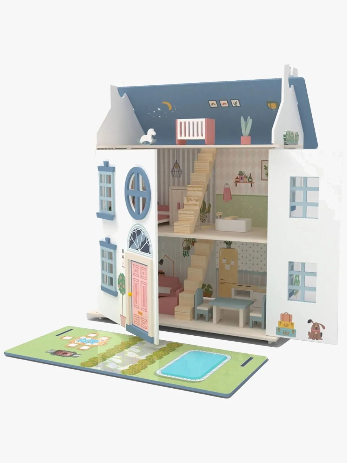 AliceFox Dukker & Bamser>Alice & Fox Dukkehus med Møbler & 4 Dukker, Blå