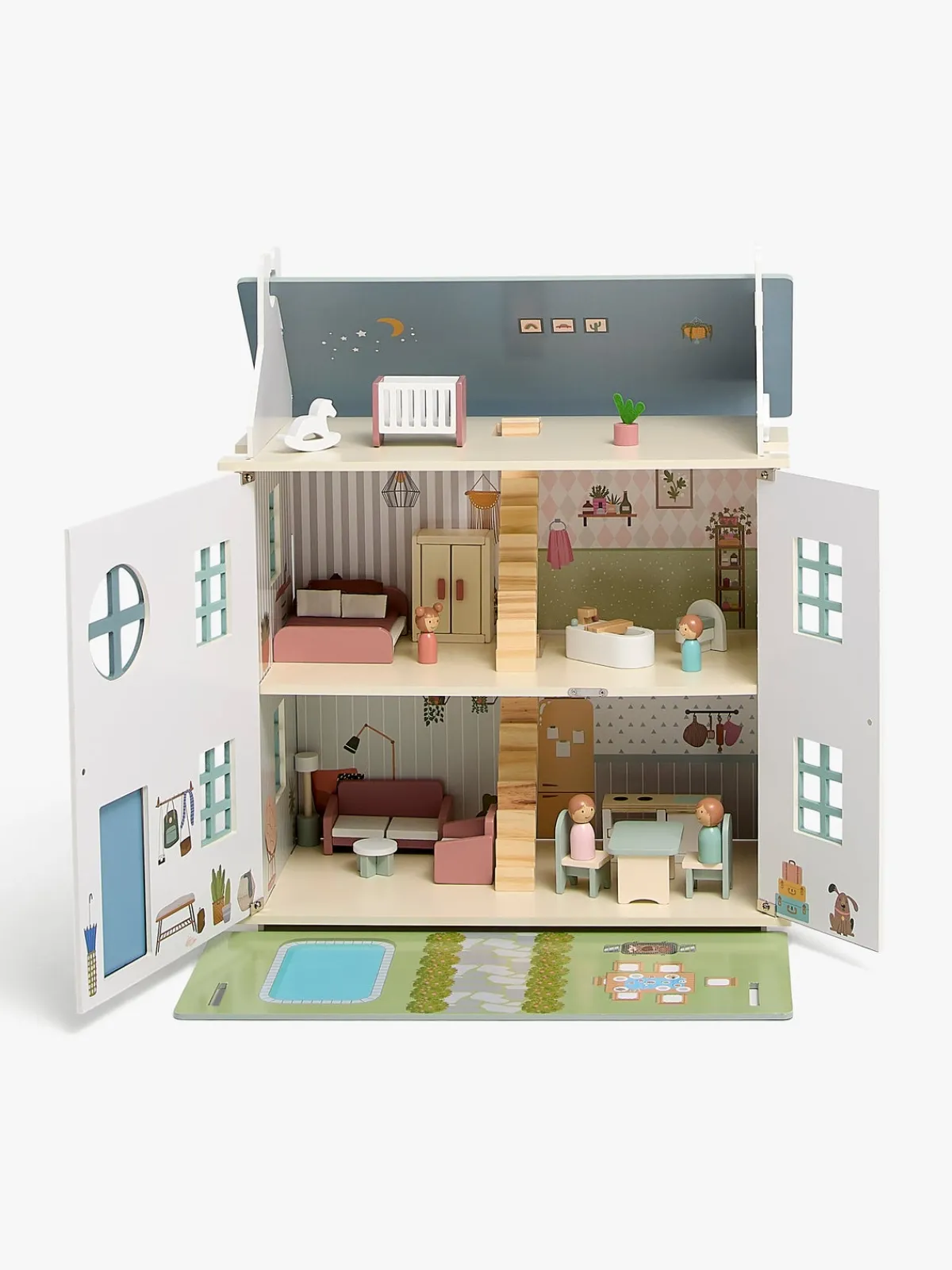 AliceFox Dukker & Bamser>Alice & Fox Dukkehus med Møbler & 4 Dukker, Blå