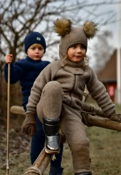 MikkLine Tilbehør|Uldtøj*Mikk-Line Elefanthue Merinould med Pomponer, Melange Denver Brun